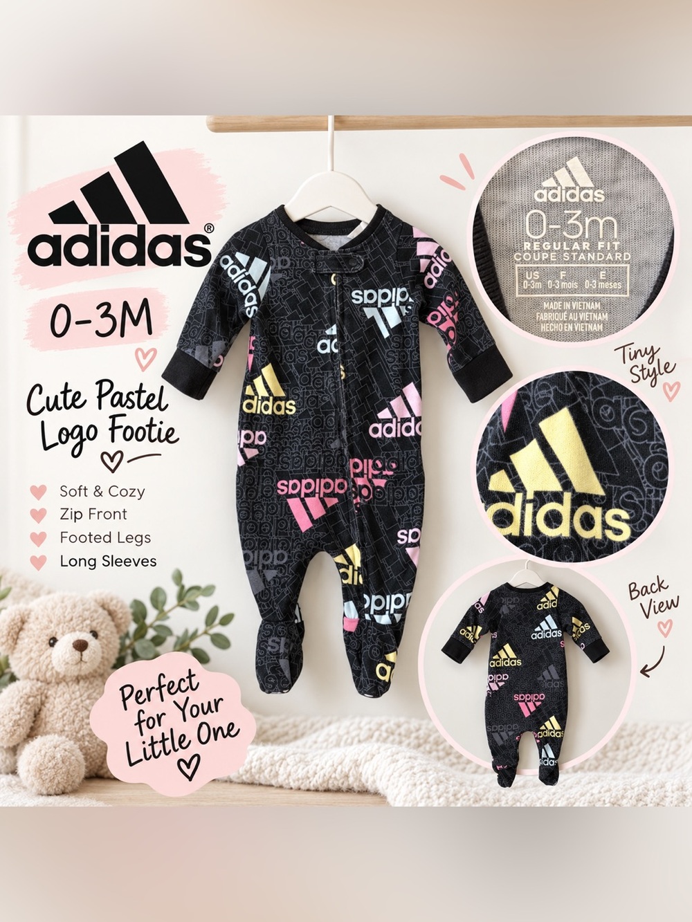 Adidas Baby Logo Footed Sleeper Black Pastel 0-3M